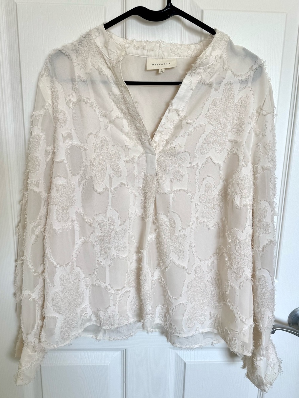 Melloday Boho Women’s Large Cream Sheer V-Neck Fringe Blouse Long Sleeve